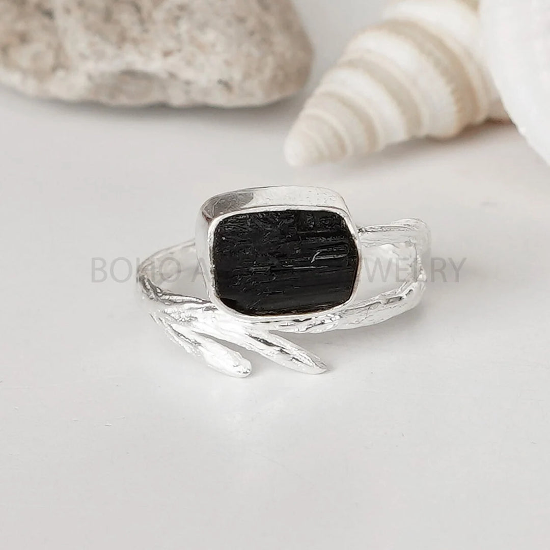 Raw Black Tourmaline Ring: Sterling Silver Branch Band, October Birthstone