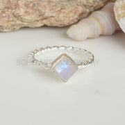 Dainty Square Moonstone Ring: Twisted Sterling Silver Band, Handmade Boho Jewelry