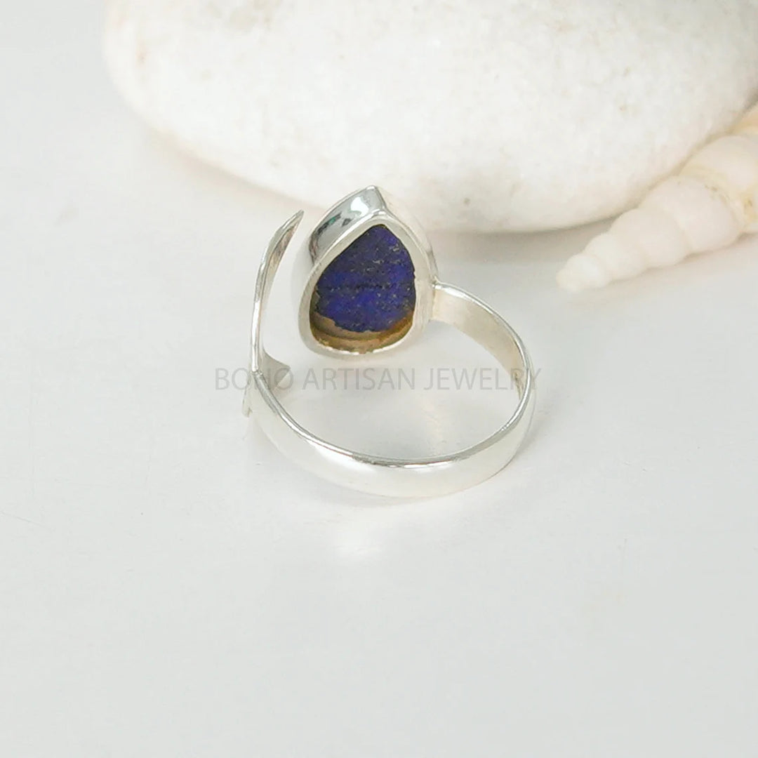 Raw Lapis Lazuli Ring: 925 Sterling Silver, Adjustable Boho Jewelry