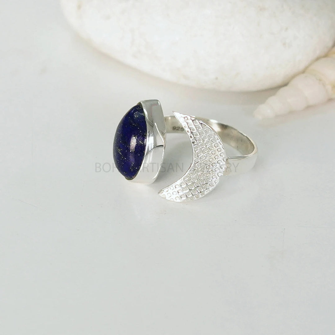 Raw Lapis Lazuli Ring: 925 Sterling Silver, Adjustable Boho Jewelry