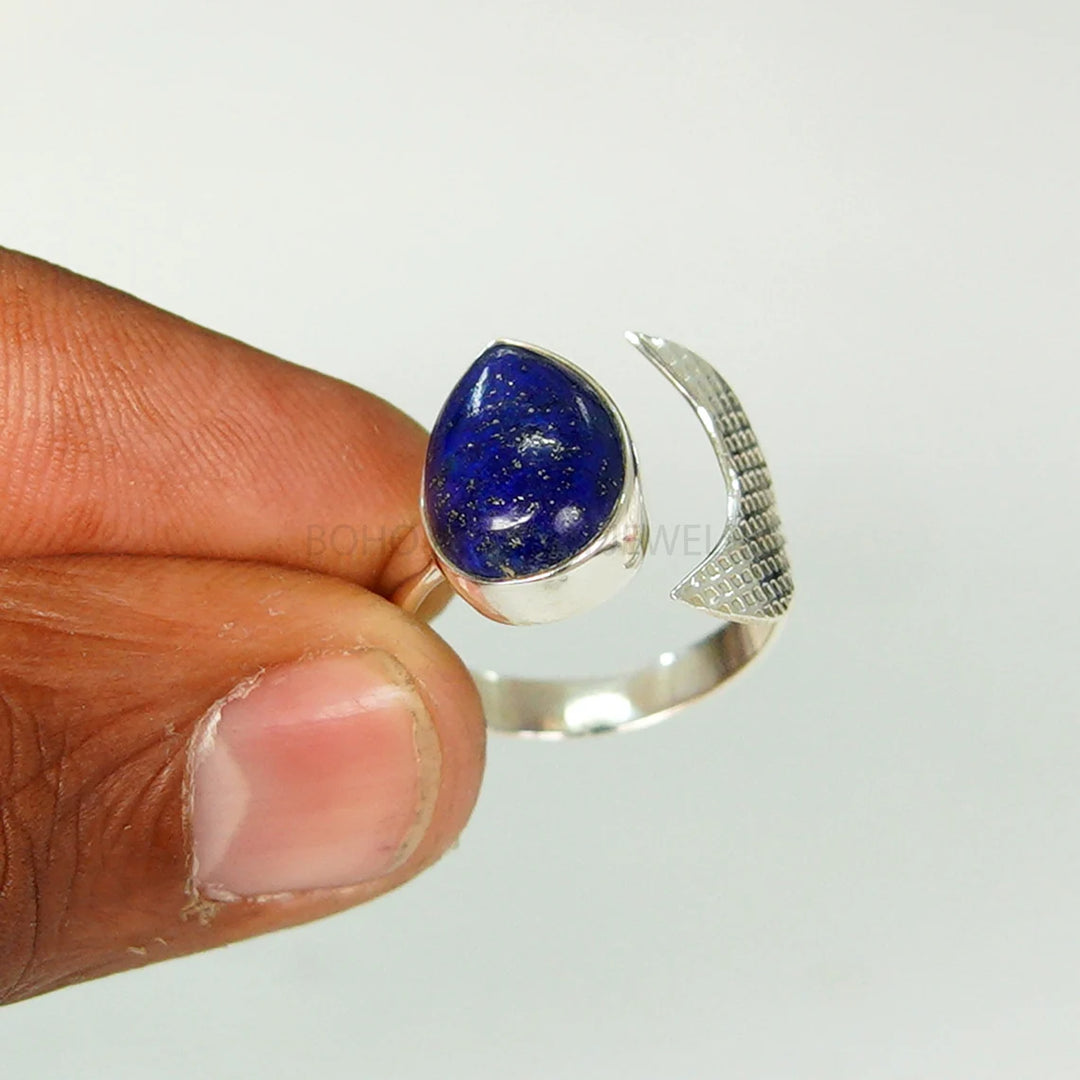 Raw Lapis Lazuli Ring: 925 Sterling Silver, Adjustable Boho Jewelry