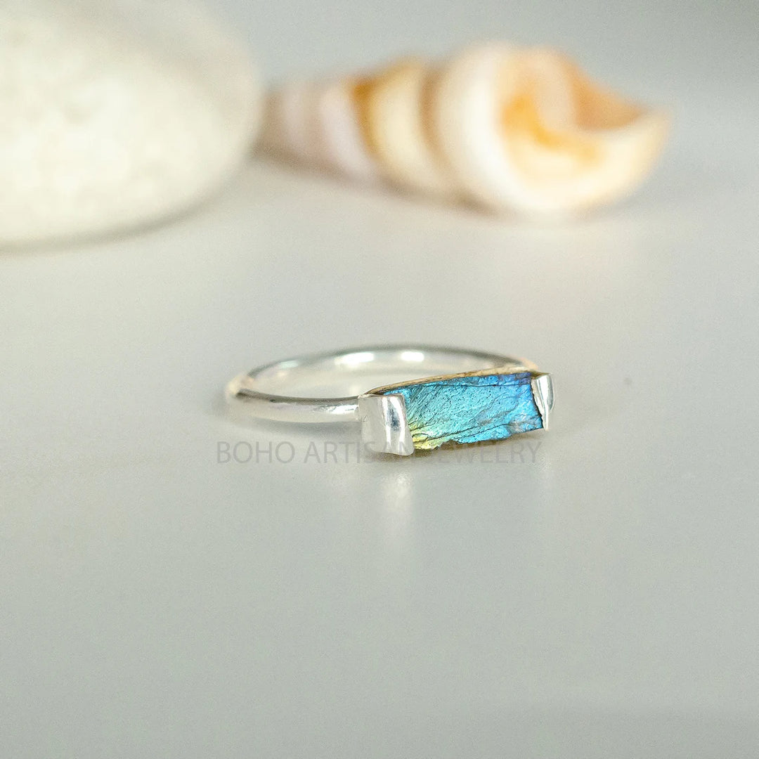 Raw Labradorite Stick Ring: Sterling Silver Rough Gemstone, Boho Jewelry