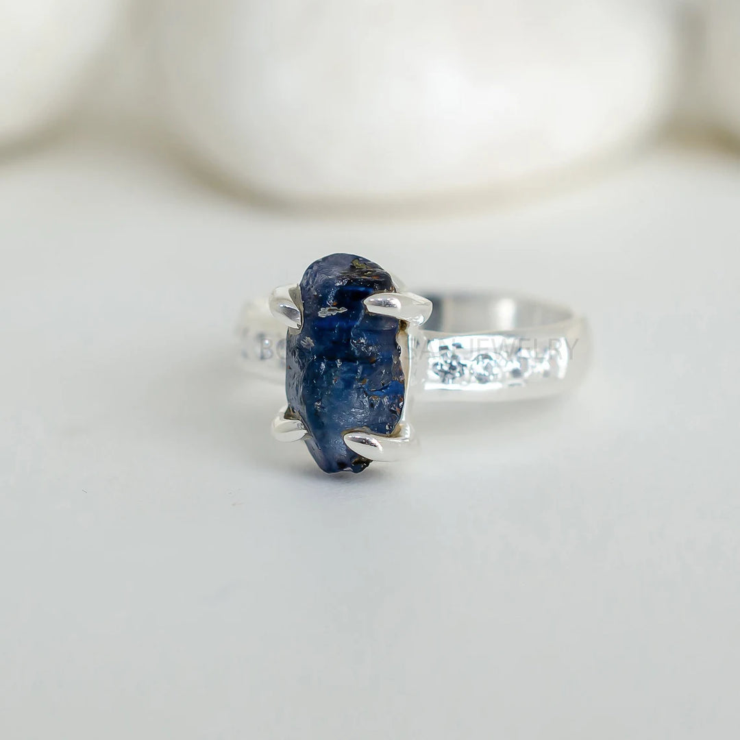 Raw Sapphire Ring: Sterling Silver, CZ, September Birthstone