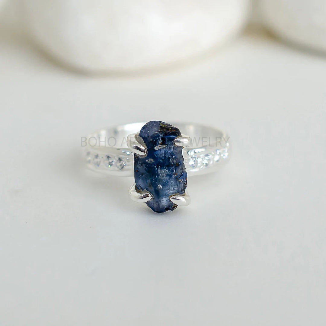 Raw Sapphire Ring: Sterling Silver, CZ, September Birthstone