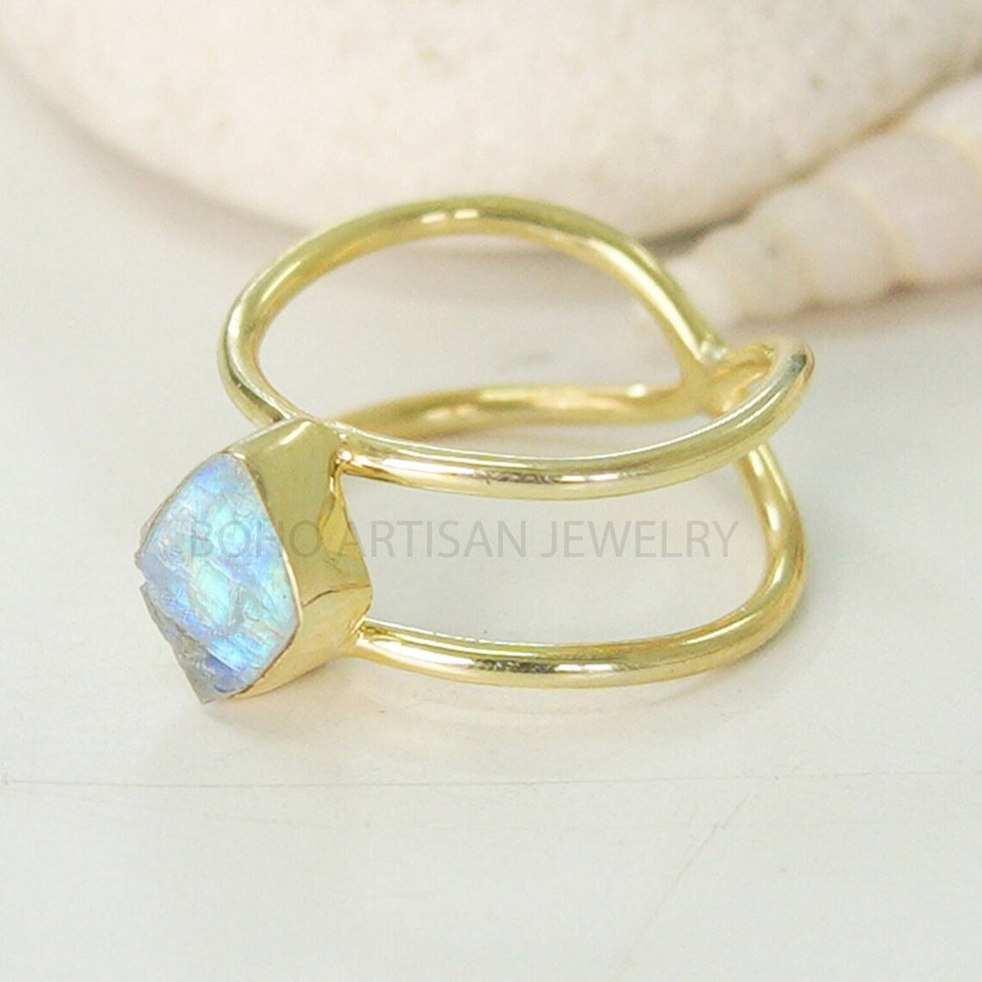 14K Gold Plated Raw Moonstone Ring: Sterling Silver Boho Jewelry
