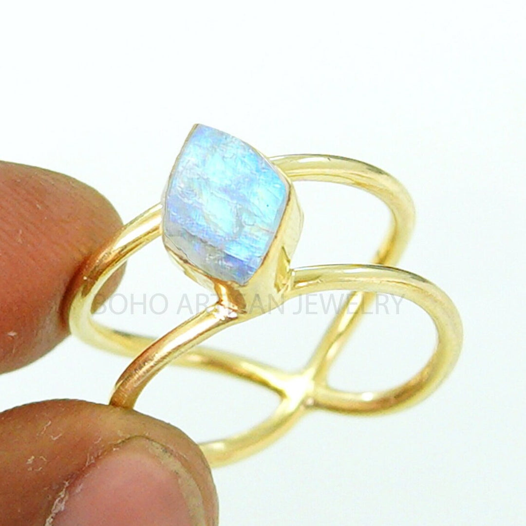 14K Gold Plated Raw Moonstone Ring: Sterling Silver Boho Jewelry