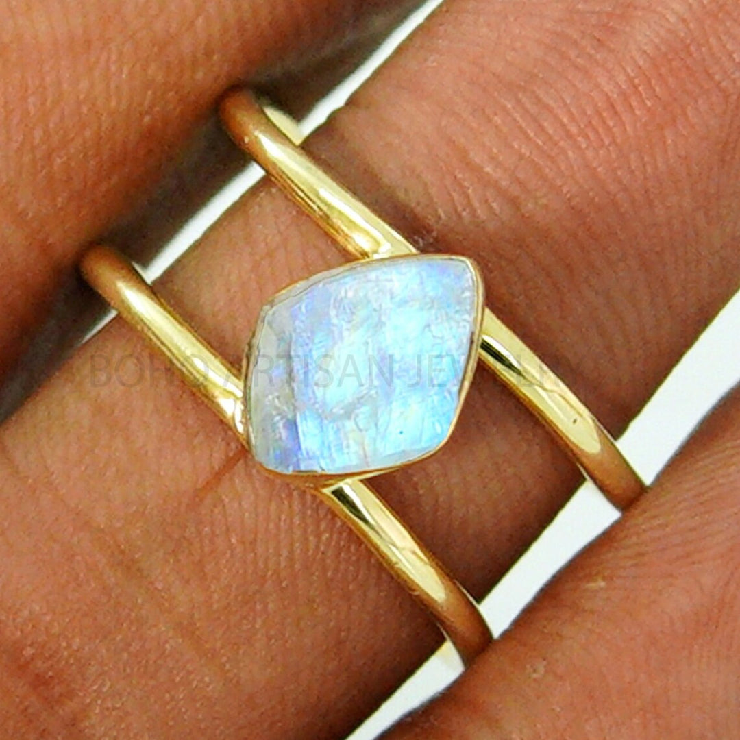 14K Gold Plated Raw Moonstone Ring: Sterling Silver Boho Jewelry