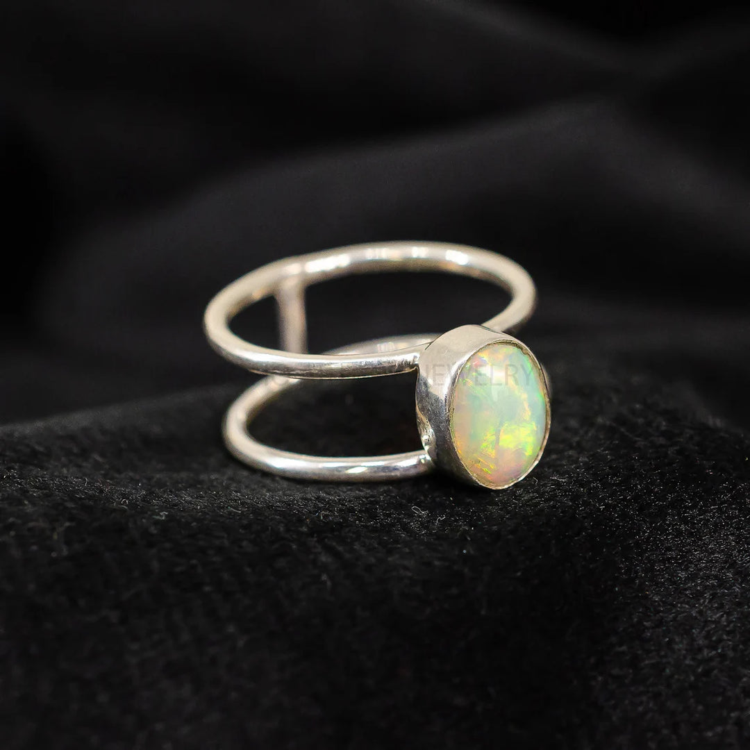 Raw Ethiopian Opal Ring: Sterling Silver Double Band, Boho Jewelry