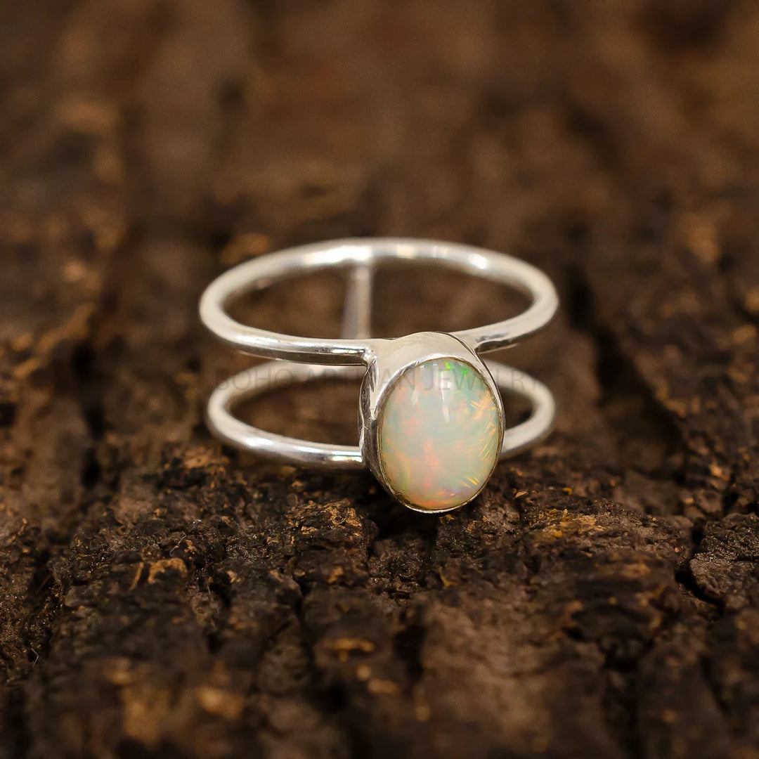 Raw Ethiopian Opal Ring: Sterling Silver Double Band, Boho Jewelry