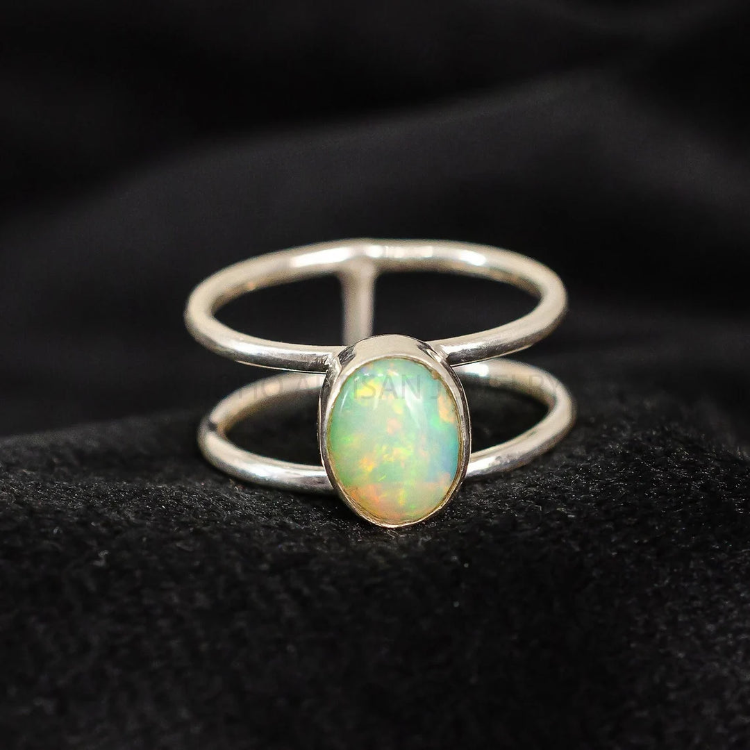 Raw Ethiopian Opal Ring: Sterling Silver Double Band, Boho Jewelry