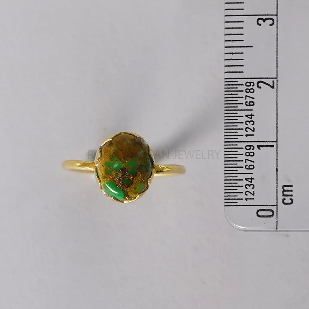 Green Copper Turquoise Ring: 14K Gold Plated Sterling Silver Boho Ring
