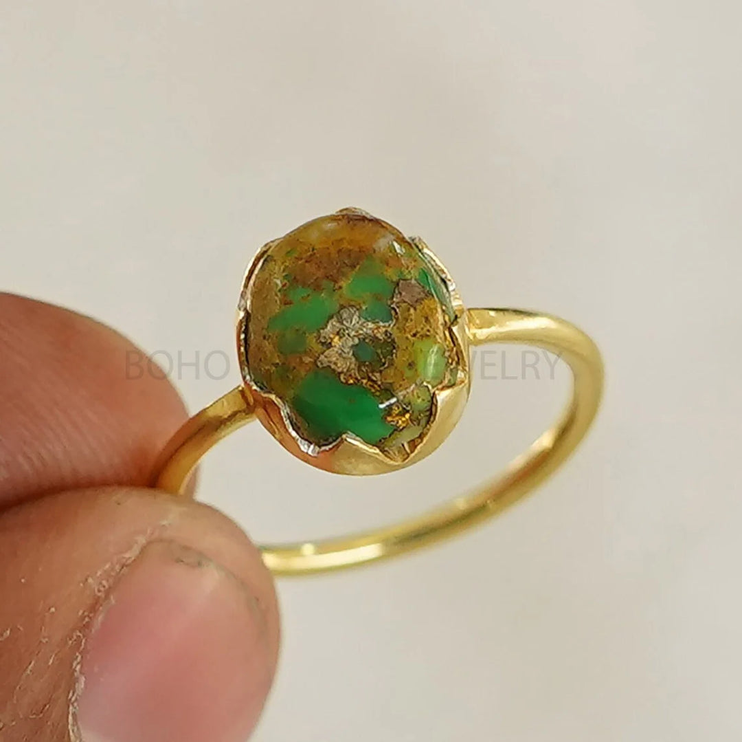 Green Copper Turquoise Ring: 14K Gold Plated Sterling Silver Boho Ring
