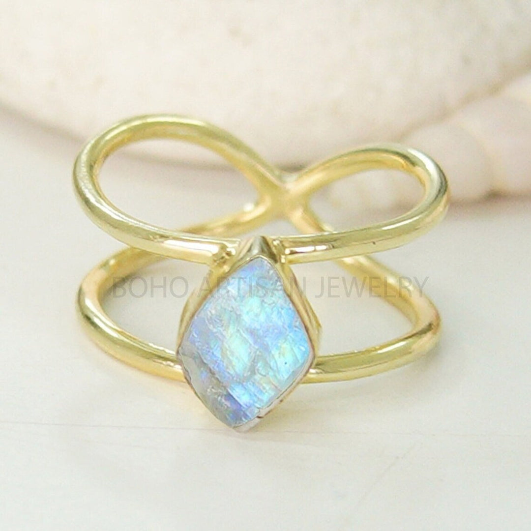 14K Gold Plated Raw Moonstone Ring: Sterling Silver Boho Jewelry