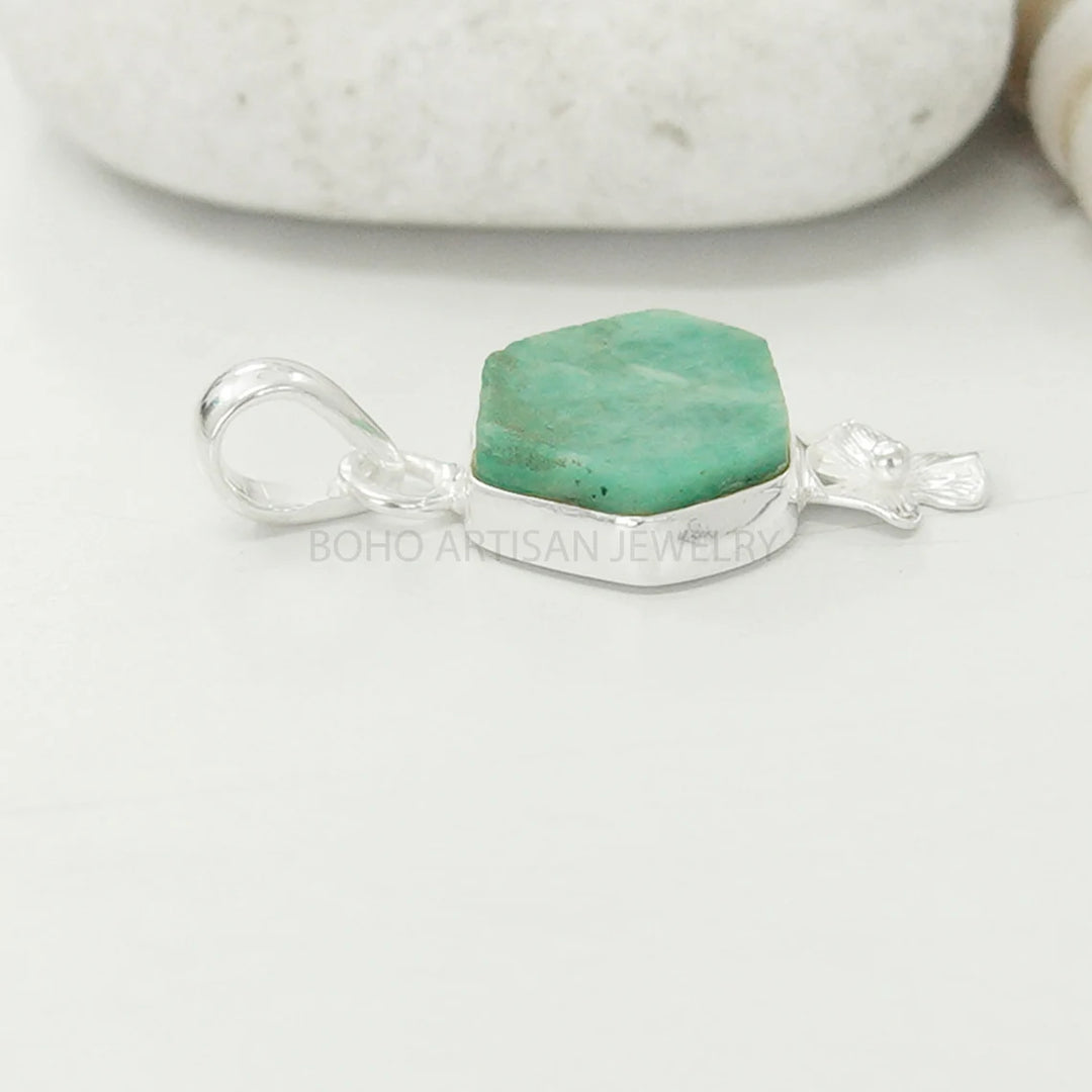 Raw Emerald Pendant Necklace: Handmade Sterling Silver Crystal Jewelry