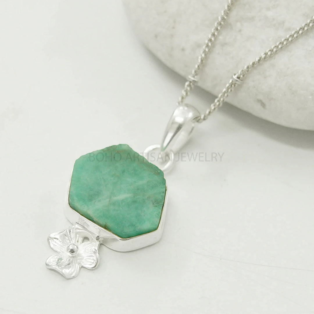 Raw Emerald Pendant Necklace: Handmade Sterling Silver Crystal Jewelry