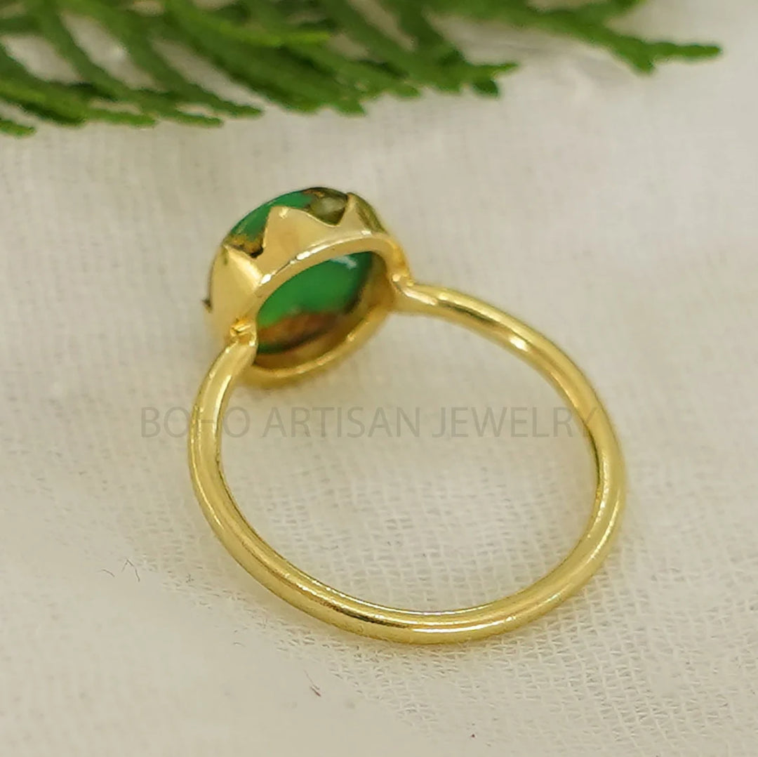 Green Copper Turquoise Ring: 14K Gold Plated Sterling Silver Boho Ring