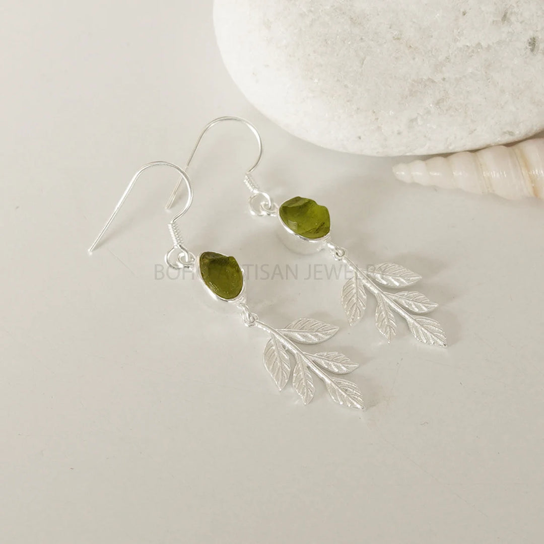 Raw Peridot Leaf Earrings: Handmade 925 Sterling Silver Dangle
