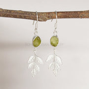 Raw Peridot Leaf Earrings: Handmade 925 Sterling Silver Dangle