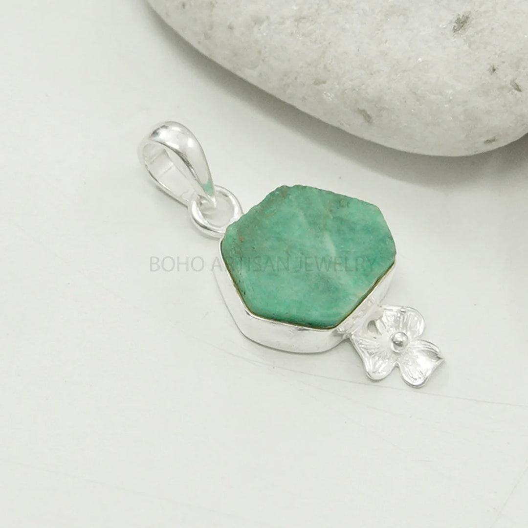 Raw Emerald Pendant Necklace: Handmade Sterling Silver Crystal Jewelry
