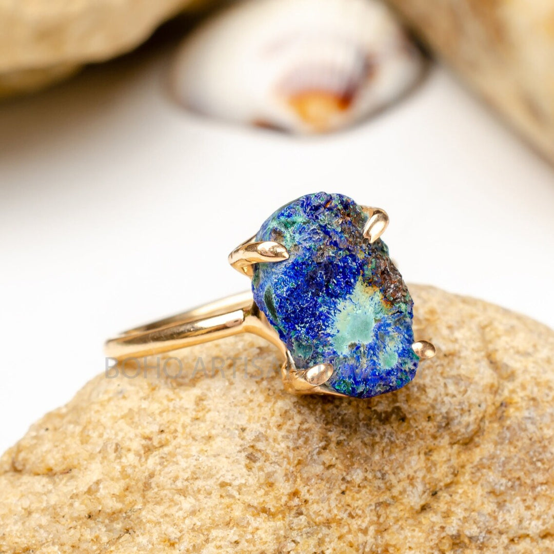 Raw Azurite Malachite Ring: Rose Gold Sterling Silver Boho Jewelry