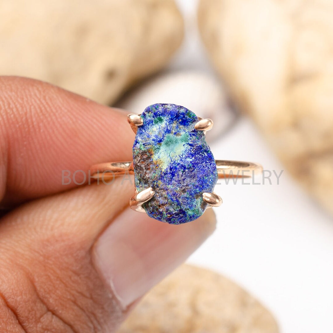 Raw Azurite Malachite Ring: Rose Gold Sterling Silver Boho Jewelry