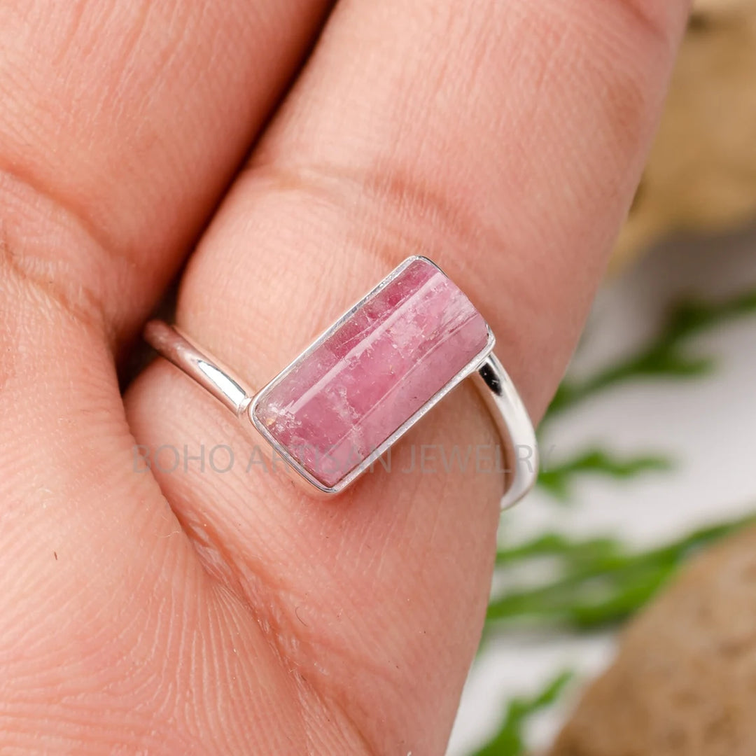 Raw Pink Tourmaline Ring: Twisted Sterling Silver Statement Jewelry