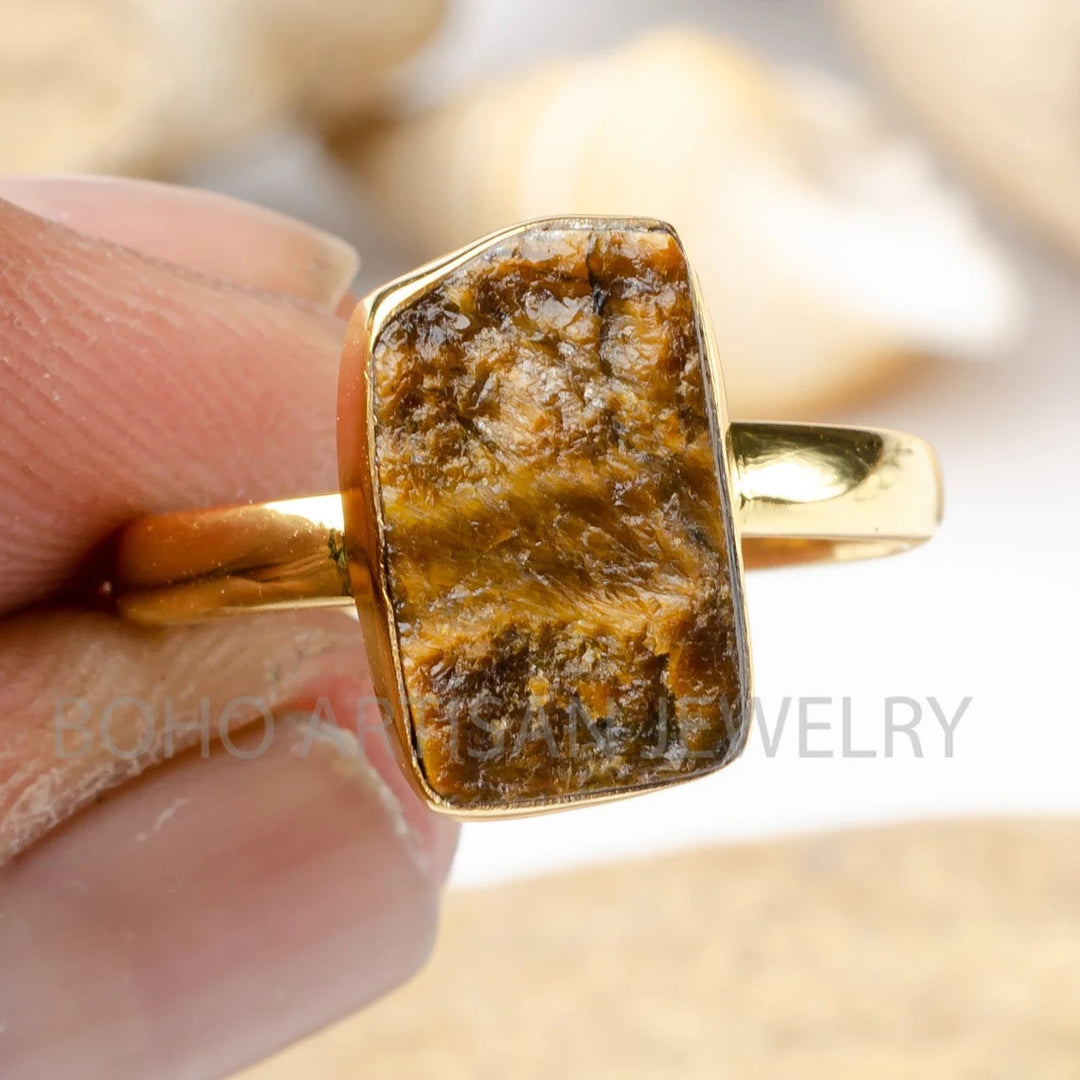 Raw Tiger Eye Ring: 14K Gold Plated Sterling Silver, Handmade Boho Jewelry