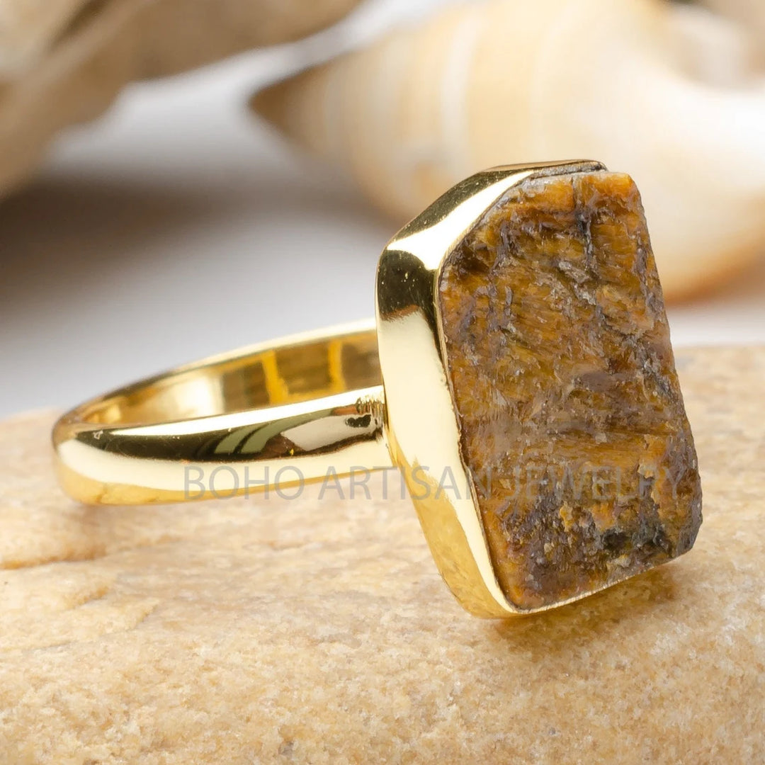 Raw Tiger Eye Ring: 14K Gold Plated Sterling Silver, Handmade Boho Jewelry