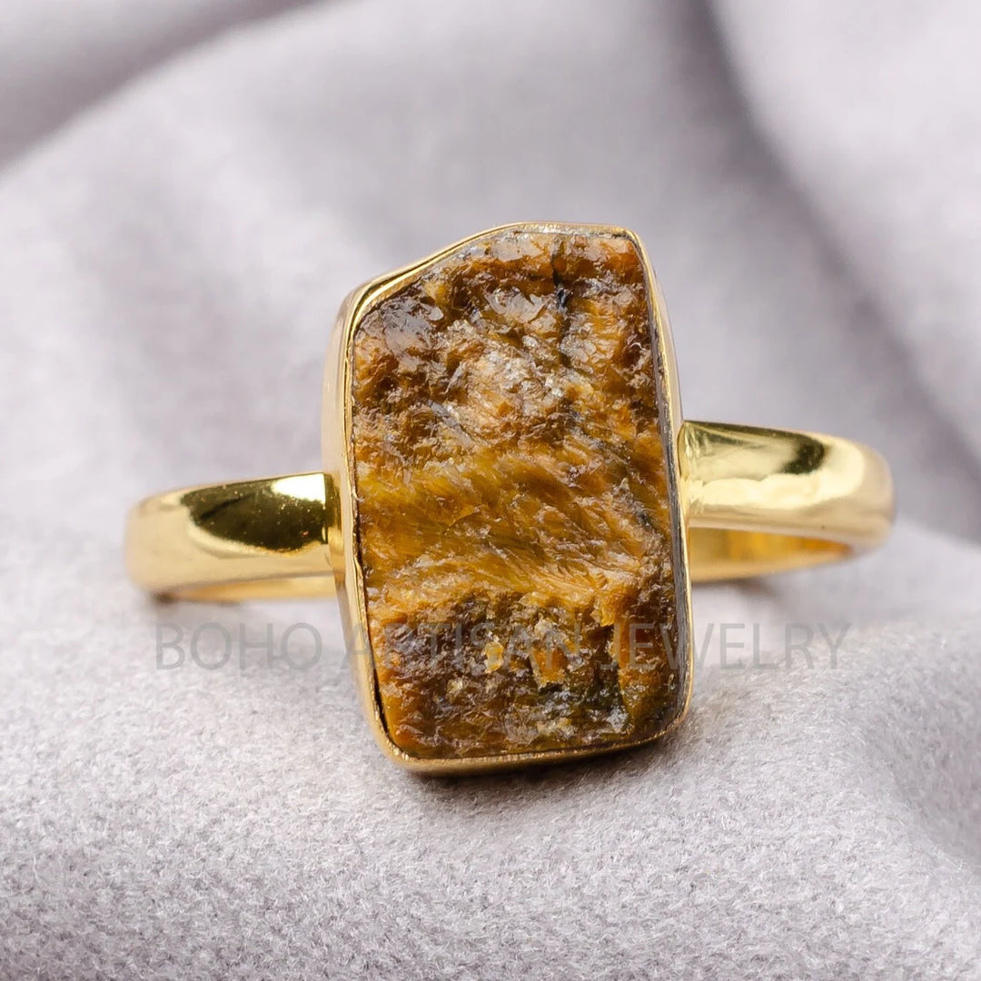 Raw Tiger Eye Ring: 14K Gold Plated Sterling Silver, Handmade Boho Jewelry