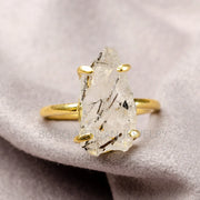 Raw Black Rutile Quartz Ring: 925 Sterling Silver, Gold Plated Boho Ring