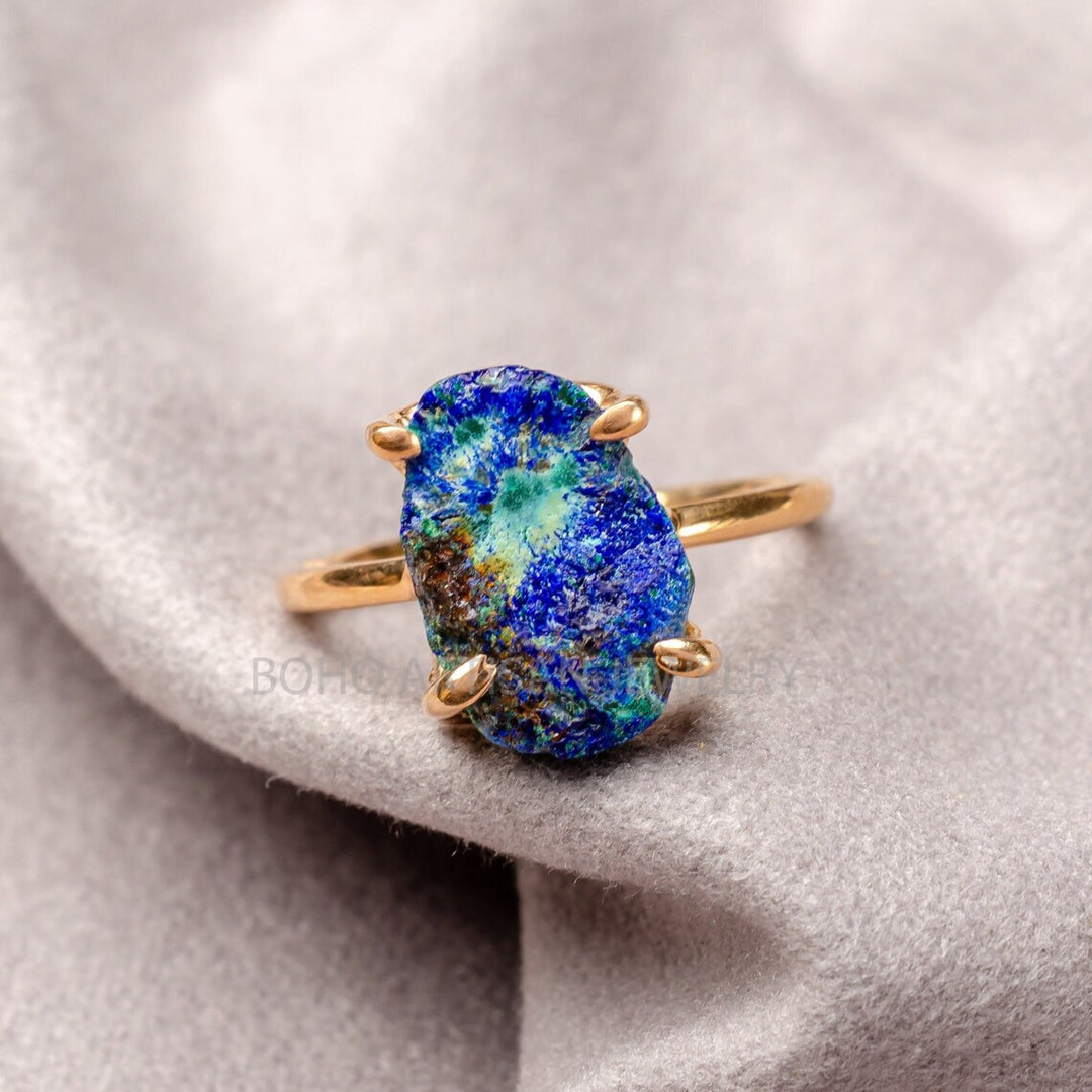 Raw Azurite Malachite Ring: Rose Gold Sterling Silver Boho Jewelry