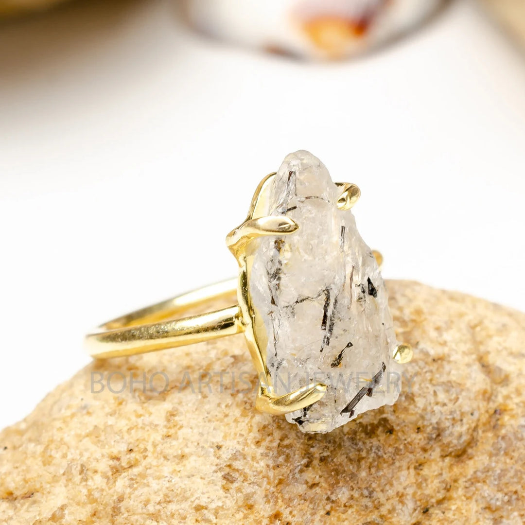 Raw Black Rutile Quartz Ring: 925 Sterling Silver, Gold Plated Boho Ring