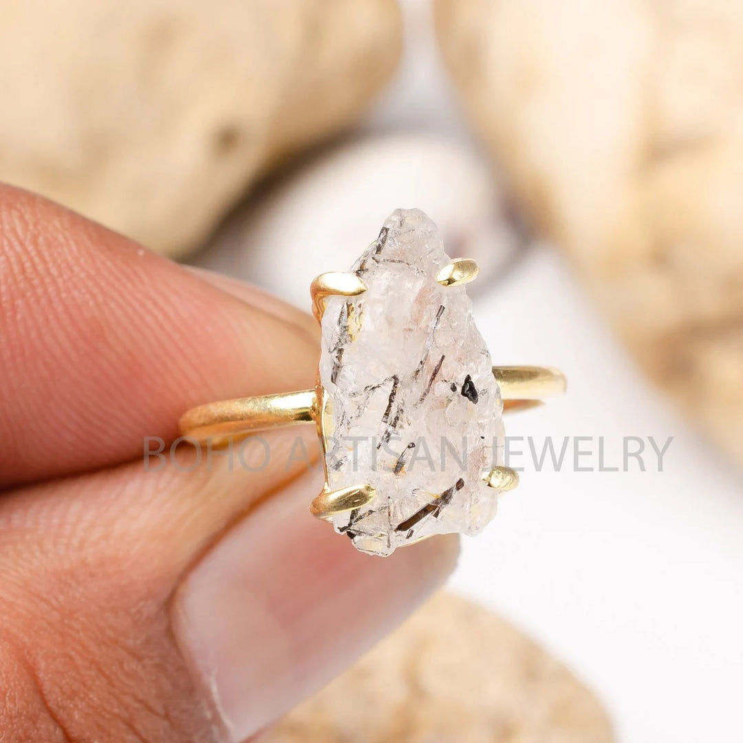 Raw Black Rutile Quartz Ring: 925 Sterling Silver, Gold Plated Boho Ring