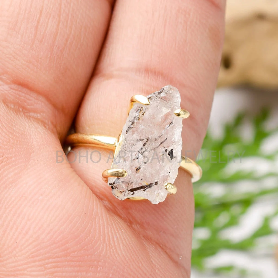 Raw Black Rutile Quartz Ring: 925 Sterling Silver, Gold Plated Boho Ring
