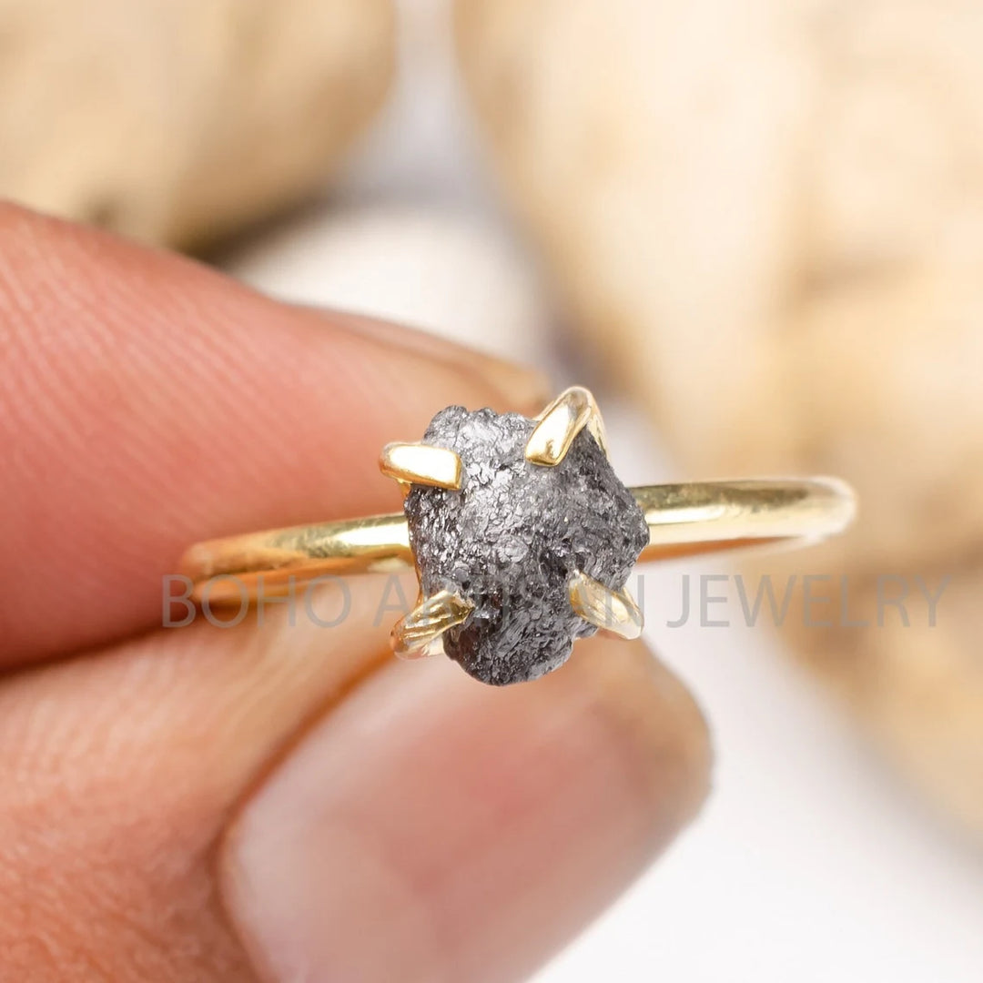 Raw Diamond Sterling Silver Ring - 14k Gold Plated - April Birthstone