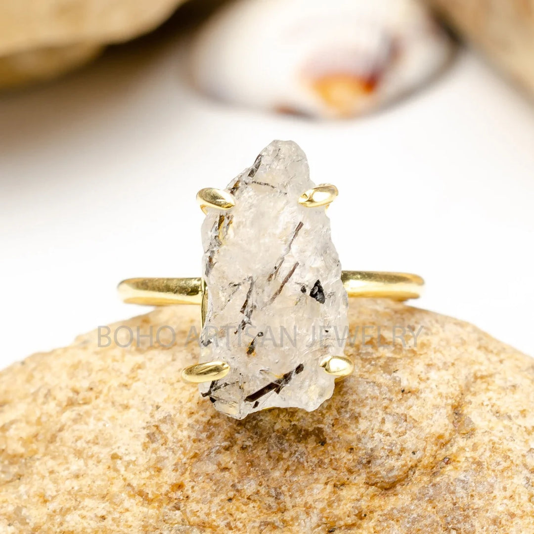 Raw Black Rutile Quartz Ring: 925 Sterling Silver, Gold Plated Boho Ring