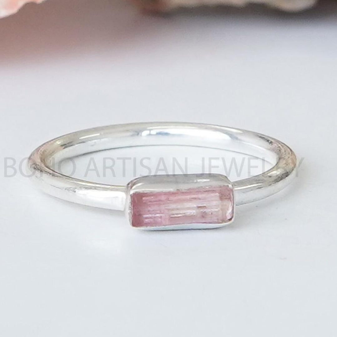 Raw Pink Tourmaline Bar Ring: Sterling Silver Crystal Jewelry