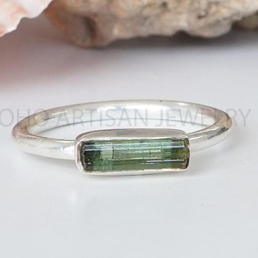 Raw Pink Tourmaline Bar Ring: Sterling Silver Crystal Jewelry
