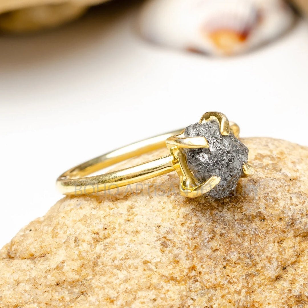 Raw Diamond Sterling Silver Ring - 14k Gold Plated - April Birthstone