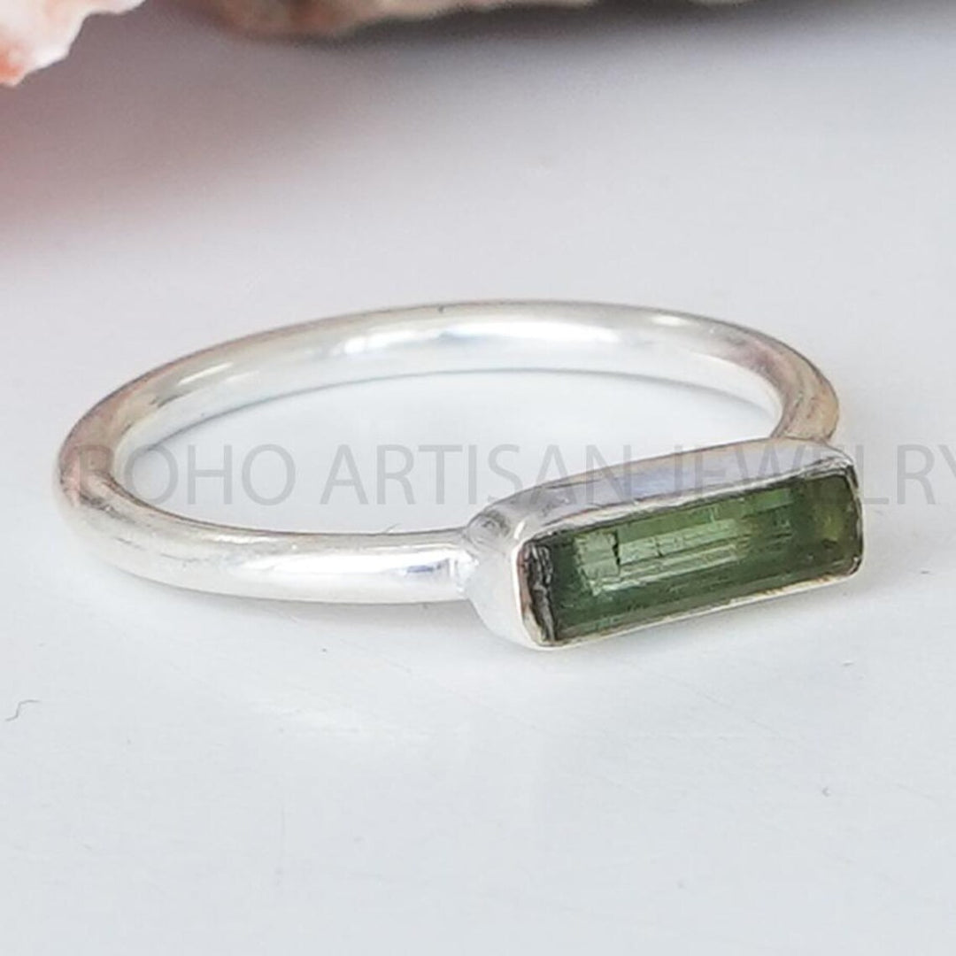 Raw Pink Tourmaline Bar Ring: Sterling Silver Crystal Jewelry