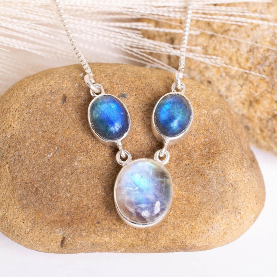 Rainbow Moonstone Labradorite Pendant: Handmade 925 Sterling Silver Necklace