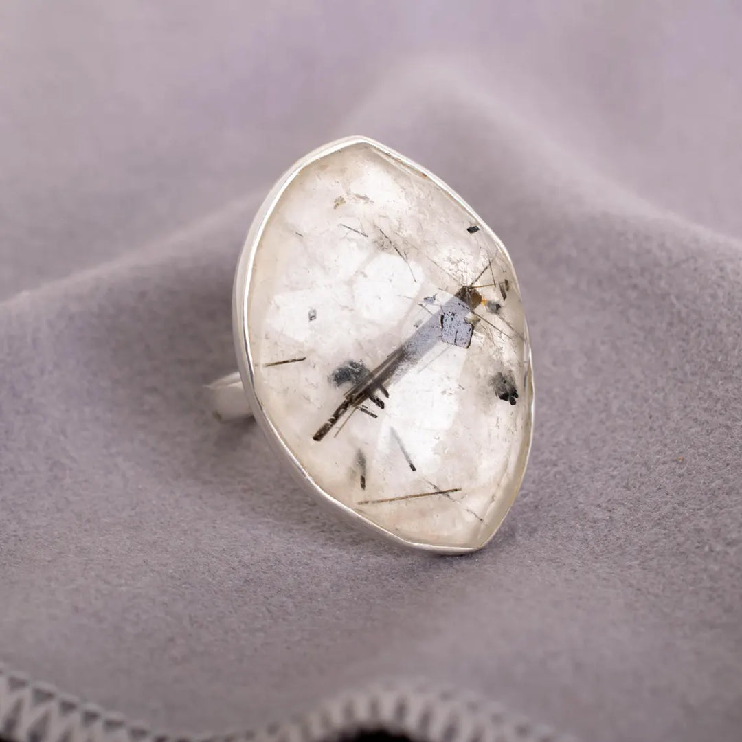 Raw Black Rutile Quartz Ring: Handmade Sterling Silver Boho Jewelry