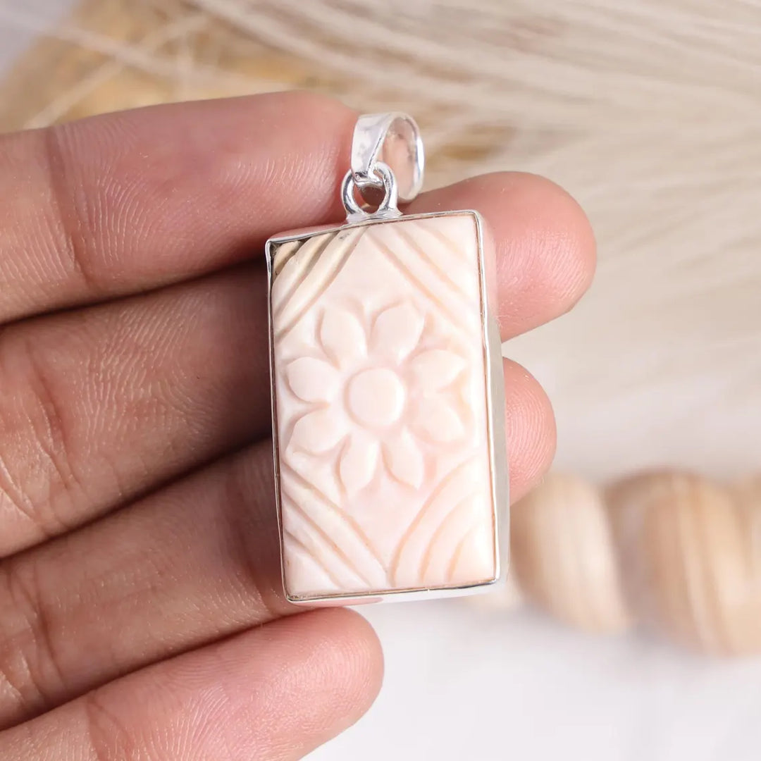 Carved Pink Opal Flower Pendant: Sterling Silver Handmade Jewelry