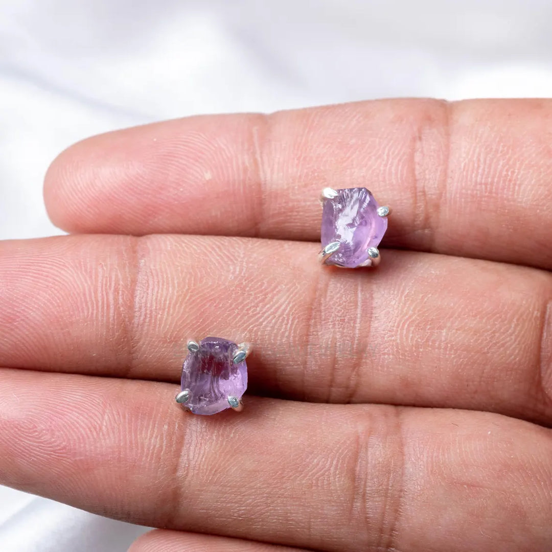 Raw Amethyst Earring, Silver Handmade Earring, Stud Earring, Raw Stone Jewelry, Gemstone Crystal Earrings, February Birthstone, Gift For Her