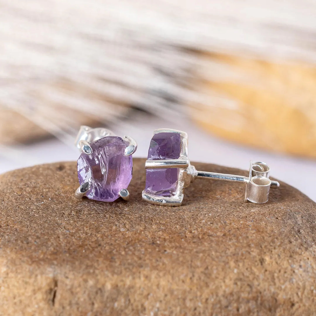 Raw Amethyst Earring, Silver Handmade Earring, Stud Earring, Raw Stone Jewelry, Gemstone Crystal Earrings, February Birthstone, Gift For Her