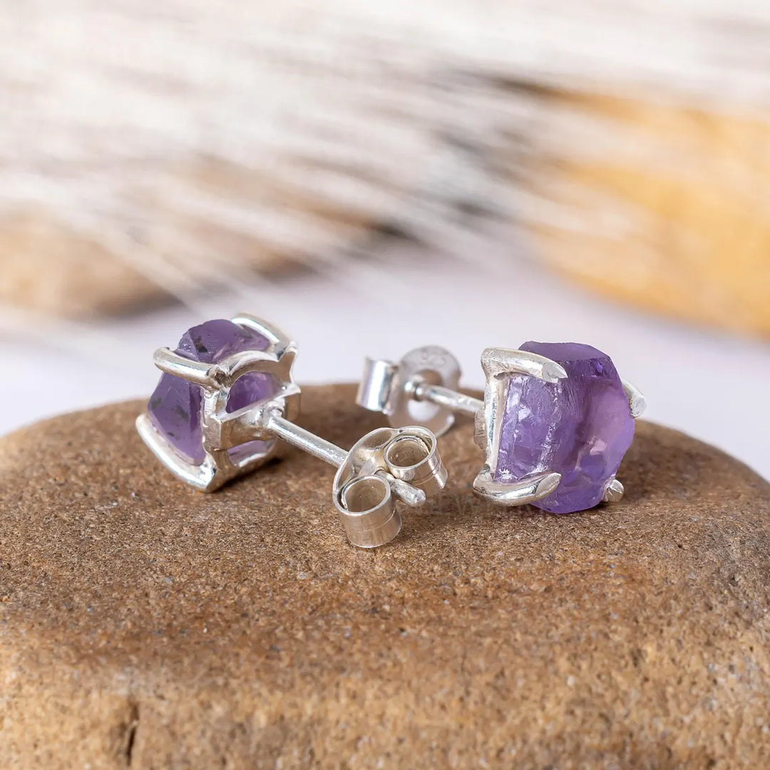 Raw Amethyst Earring, Silver Handmade Earring, Stud Earring, Raw Stone Jewelry, Gemstone Crystal Earrings, February Birthstone, Gift For Her
