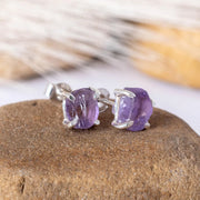 Raw Amethyst Earring, Silver Handmade Earring, Stud Earring, Raw Stone Jewelry, Gemstone Crystal Earrings, February Birthstone, Gift For Her