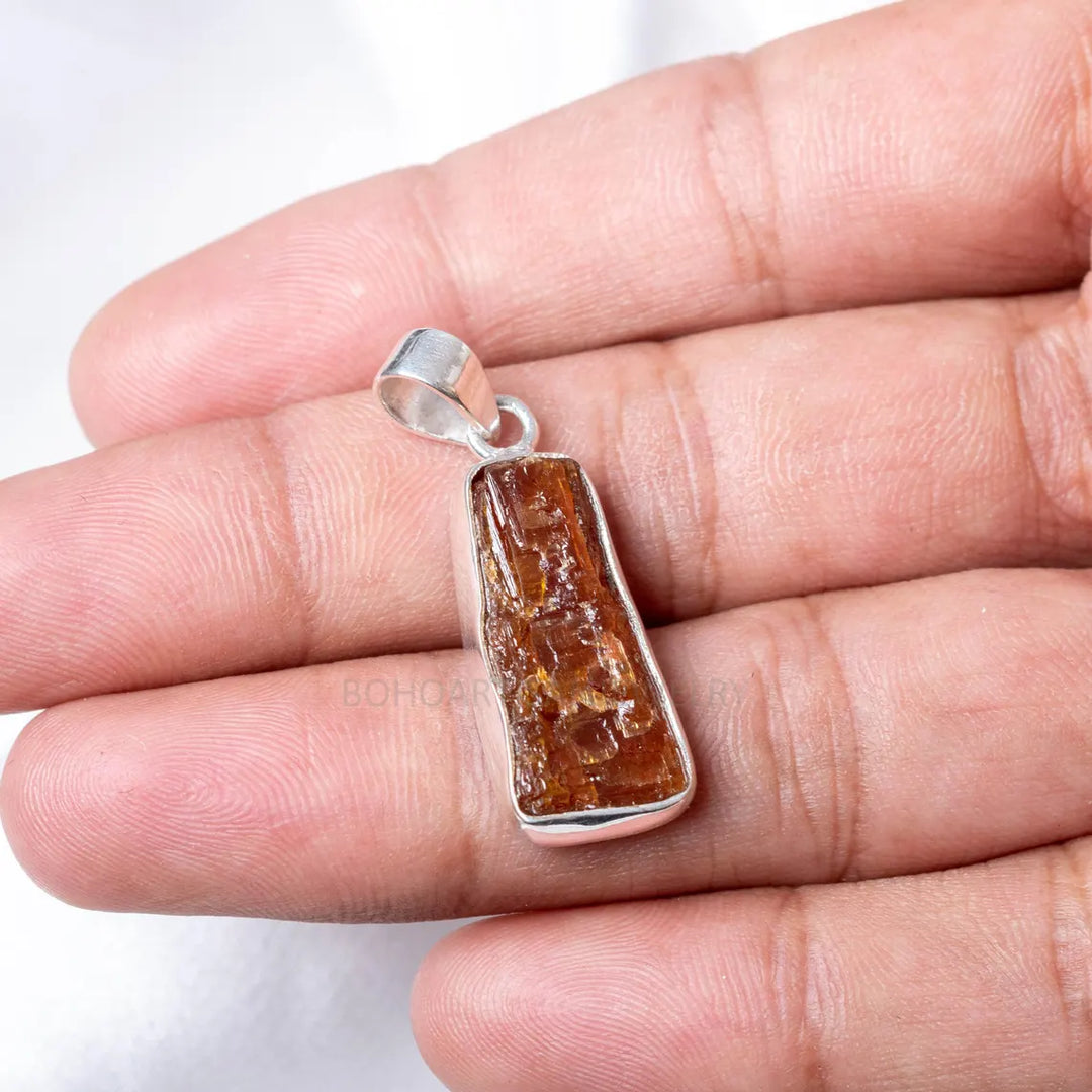 Raw Orange Kyanite Pendant Necklace: Handmade Sterling Silver Boho Jewelry