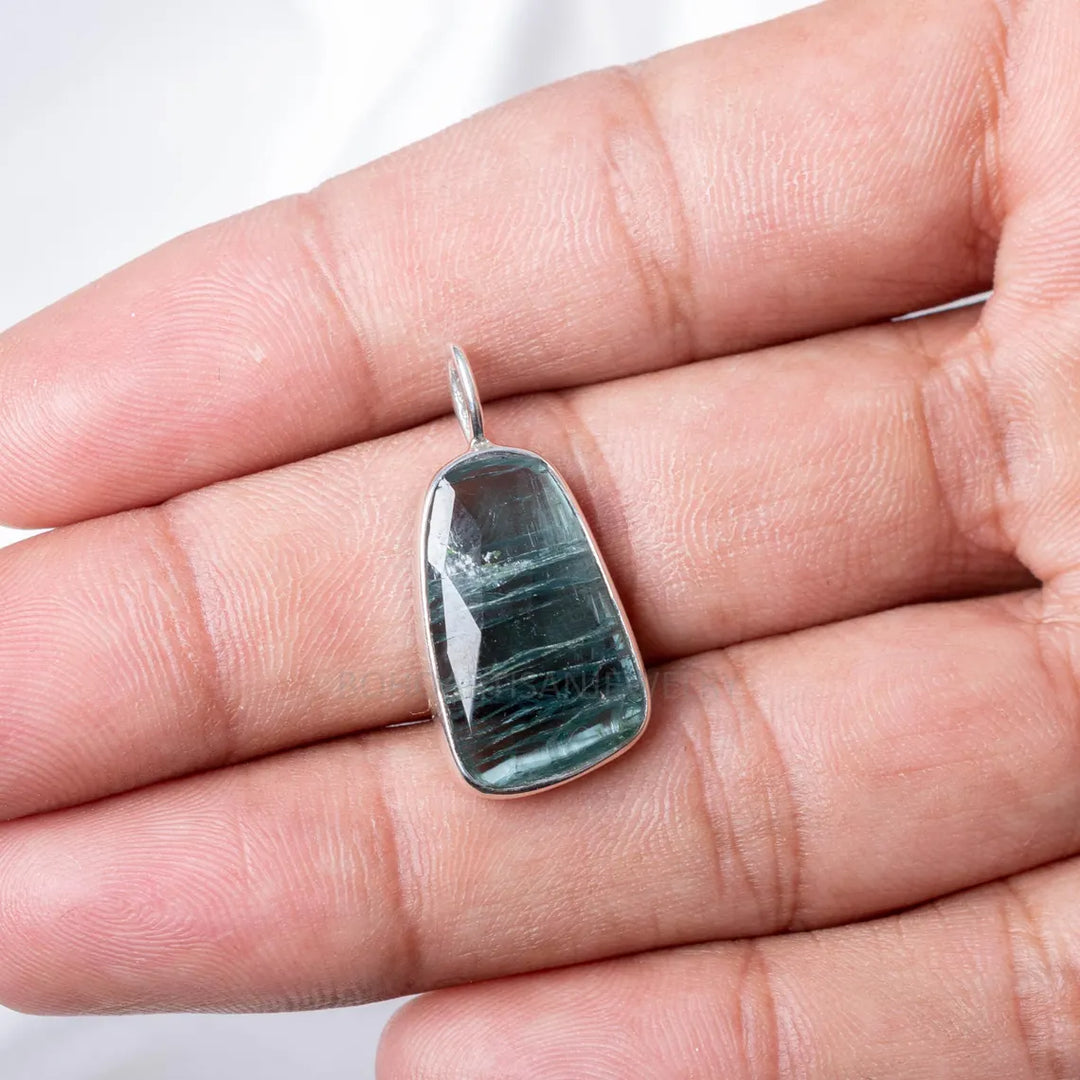 Indicolite Tourmaline Pendant, Sterling Silver Necklace Pendant, Handmade Gemstone Jewelry, Raw Teal Crystal Necklace, Gift For Her