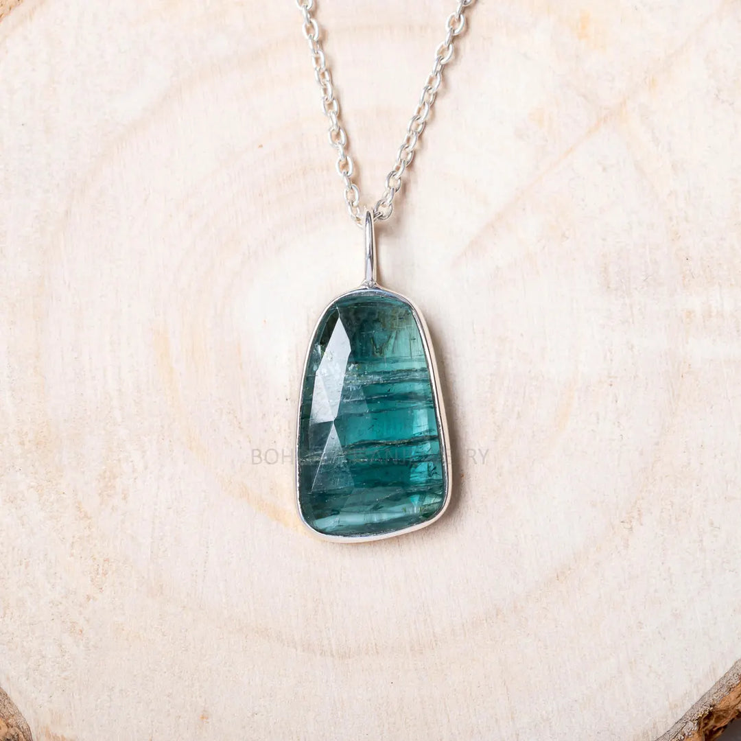 Indicolite Tourmaline Pendant, Sterling Silver Necklace Pendant, Handmade Gemstone Jewelry, Raw Teal Crystal Necklace, Gift For Her